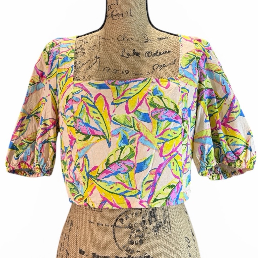Rachel Roy Vibrant Multicolor Puffy Sleeves Cropped Smock Top. NWOT. Size large